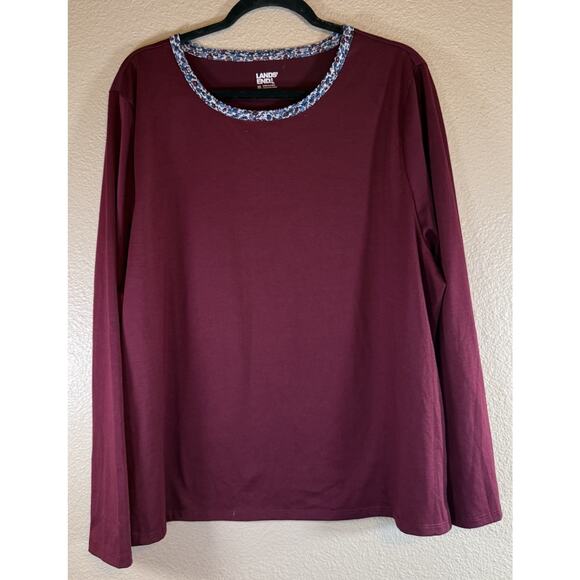 Lands' End Plus XXL Burgundy Long Sleeve Floral Trim Pajama Top Women's - Picture 2 of 6